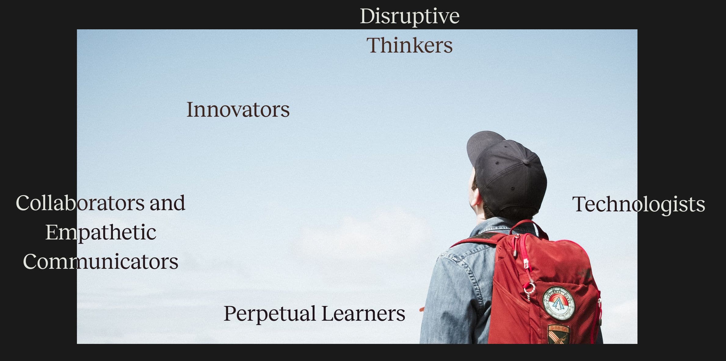 Graduate student wearing backpack and hat looking into the distance